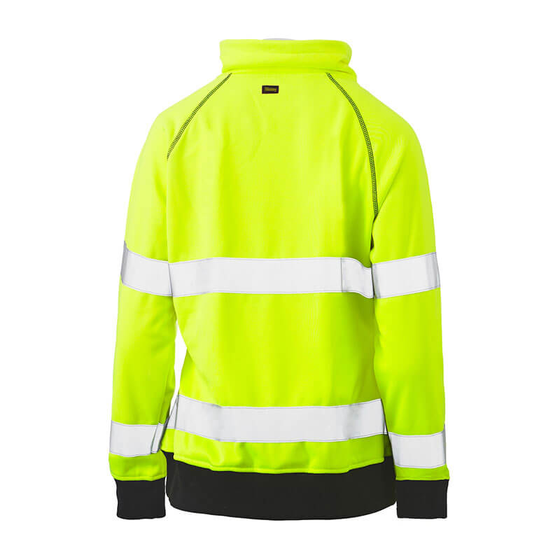 The PIP Bisley Women's Fleece Pullover Sweatshirt by Protective Industrial Products is displayed from the back, featuring a neon yellow safety design with ANSI Type R Class 2 reflective silver tape encircling the torso and arms to ensure high visibility.