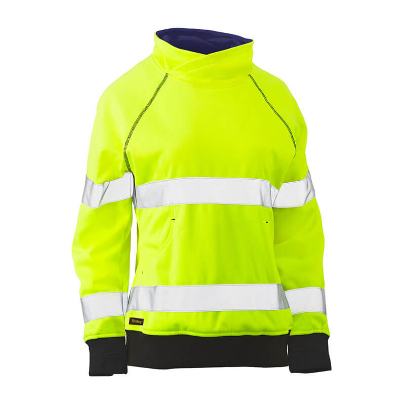 The PIP Bisley Women's Fleece Pullover Sweatshirt by Protective Industrial Products is a hi-vis yellow sweatshirt featuring ANSI Type R Class 2 reflective tape across the chest and arms. It includes black fabric at the cuffs and waistband, with a high collar that complements its simple, practical style to ensure both safety and comfort.