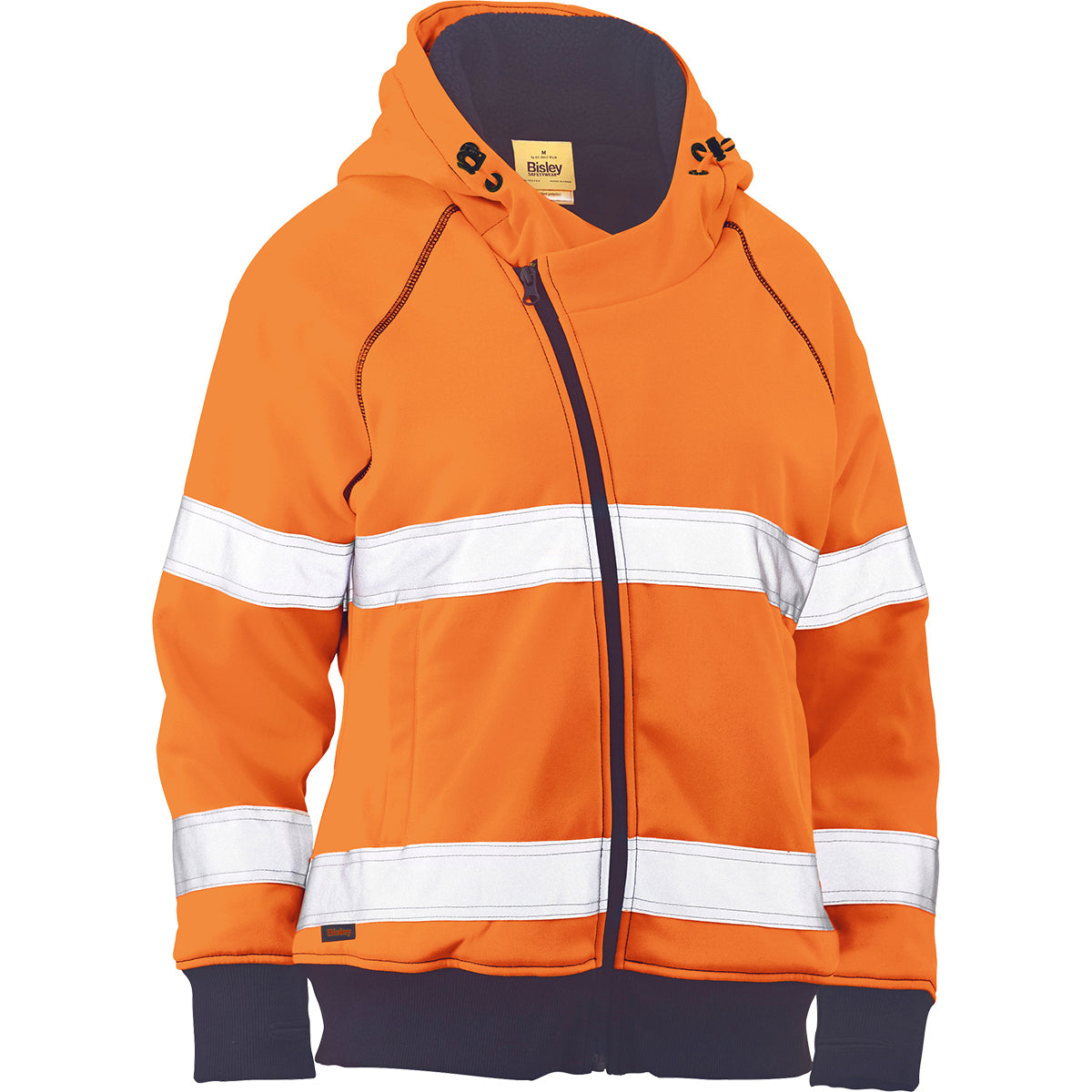 The PIP Bisley Women's Full Zip Hooded Sweatshirt by Protective Industrial Products is a hi-vis orange, high-visibility jacket with a Sherpa lining and hood. It features reflective silver bands across the chest and arms, meets ANSI Type R Class 2 standards, and includes a zipper closure, dark cuffs, and a visible label inside the collar.