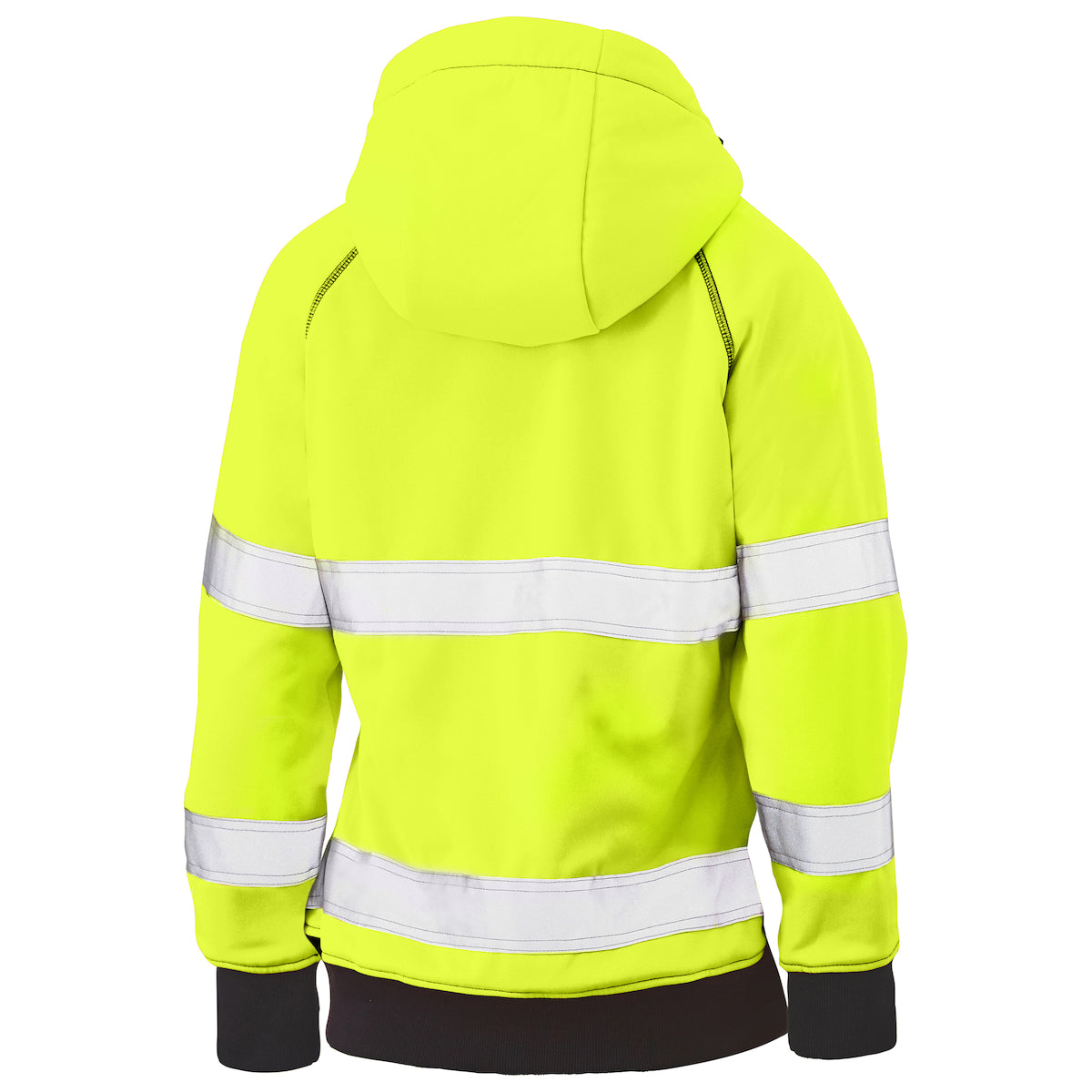The image displays the back view of the PIP Bisley Women's Full Zip Hooded Sweatshirt in high-visibility yellow, featuring reflective horizontal stripes that are ideal for meeting ANSI Type R Class 2 requirements. This sweatshirt includes a hood, black cuffs, and a cozy sherpa lining to provide extra warmth.