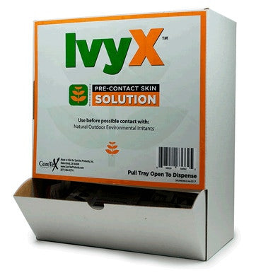The Coretex IvyX Pre-Contact Skin Solution by PK Safety Supply provides dependable protection against natural outdoor irritants, such as poison ivy. The product's predominantly white packaging, featuring orange and green text, includes a handy dispensing slot at the bottom, highlighting its function as a barrier. It is available in a Wallmount Dispenser format with 50 units per box (Product Code: 83662).