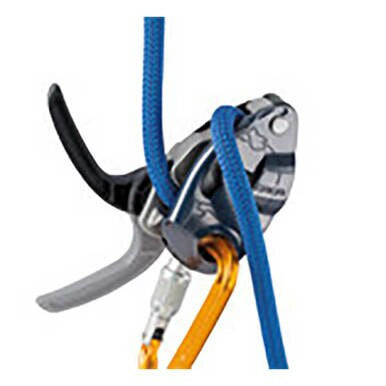 A close-up of the Petzl GRIGRI Grey Belay and Descent Device D014BA00 highlights its two levers, with a blue rope and a yellow rope threaded through it. This setup provides descent control and assisted braking, ensuring safety during climbing activities.