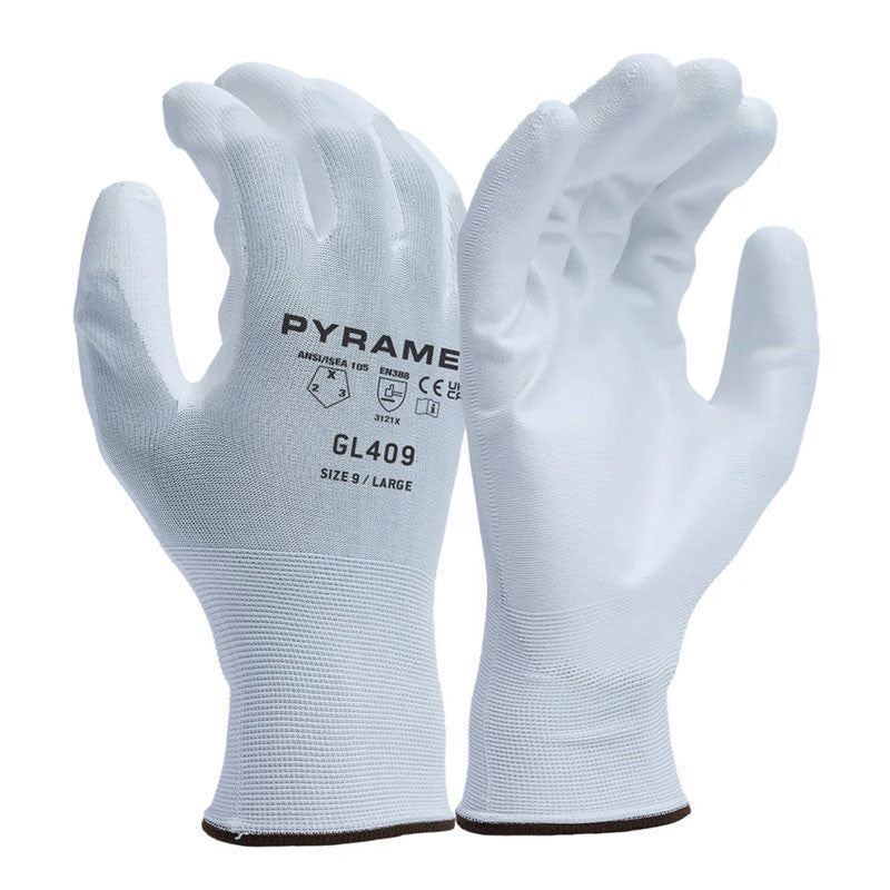 A pair of Pyramex GL409 Series Polyurethane Gloves by Pyramex Safety in white, designed for size 9/large. These gloves have a smooth polyurethane grip, an 18G polyester liner, and a low-lint construction, making them ideal for precision tasks. Displayed upright with the brand label visible.