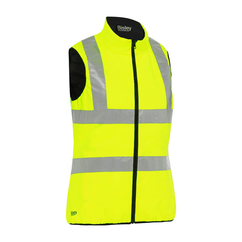 The PIP Bisley ANSI Type R Class 2 Women's Reversible Puffer Vest by Protective Industrial Products offers excellent safety and comfort with its bright yellow high-visibility design, featuring reflective horizontal and vertical stripes. It is sleeveless with a zippered front and provides 50+ UPF sun protection, ideal for keeping you safe under the sun.