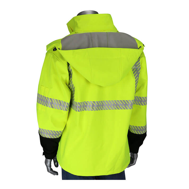 A mannequin displays the PIP Ripstop Softshell Black Bottom Jacket by Protective Industrial Products, a vibrant yellow high-visibility jacket featuring reflective silver stripes on the back. This waterproof design includes a hood and sleek black cuffs, combining safety with style in any weather.