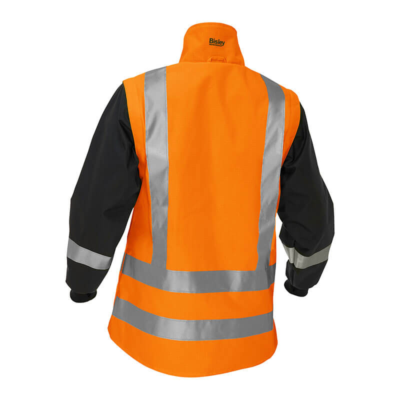 The PIP Bisley Women's 5-in-1 Jacket w/Navy Bottom by Protective Industrial Products features an orange body with navy sleeves and reflective silver stripes on the back and arms, enhancing visibility. This jacket is designed as an ANSI Type R Class 3 garment and is shown on a white background from the back view.