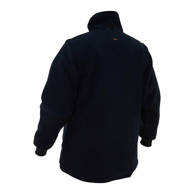 A black, long-sleeved PIP Bisley Women's 5-in-1 Jacket from Protective Industrial Products is shown from the back, highlighting a high collar and ribbed cuffs. The fabric looks soft and thick, making it ideal for cold weather. A small red logo near the collar adds a stylish touch to this cozy high-visibility jacket with a navy bottom.