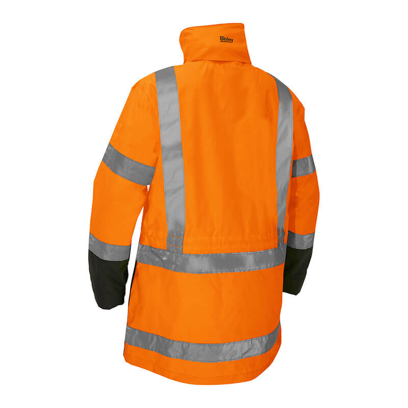 The PIP Bisley Women's 5-in-1 Jacket w/Navy Bottom, from Protective Industrial Products, is an ANSI Type R Class 3 high-visibility jacket in bright orange. It features reflective silver strips across the arms, back, and waist for enhanced safety. Designed with navy patches on the lower sleeves and a stand-up collar, it offers an expert blend of protection and style.