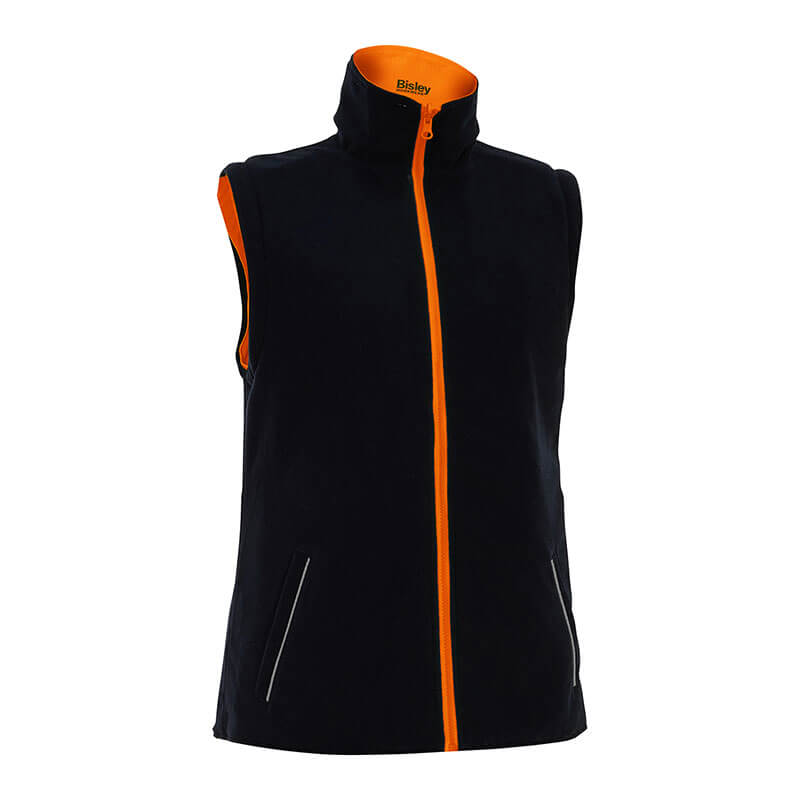 The PIP Bisley Women's 5-in-1 Jacket w/Navy Bottom from Protective Industrial Products is a black sleeveless vest with an orange zipper and lining, designed as a women's jacket. It includes a high collar and two front zippered pockets.