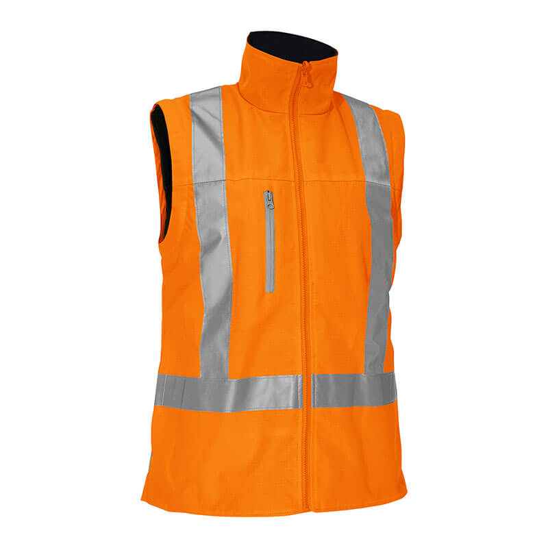 The PIP Bisley Women's 5-in-1 Jacket with Navy Bottom, by Protective Industrial Products, is compliant with ANSI Type R Class 3 standards. It features a vibrant orange color, reflective silver stripes, and a front zipper. Additionally, it includes a high collar and a zippered chest pocket for enhanced functionality.