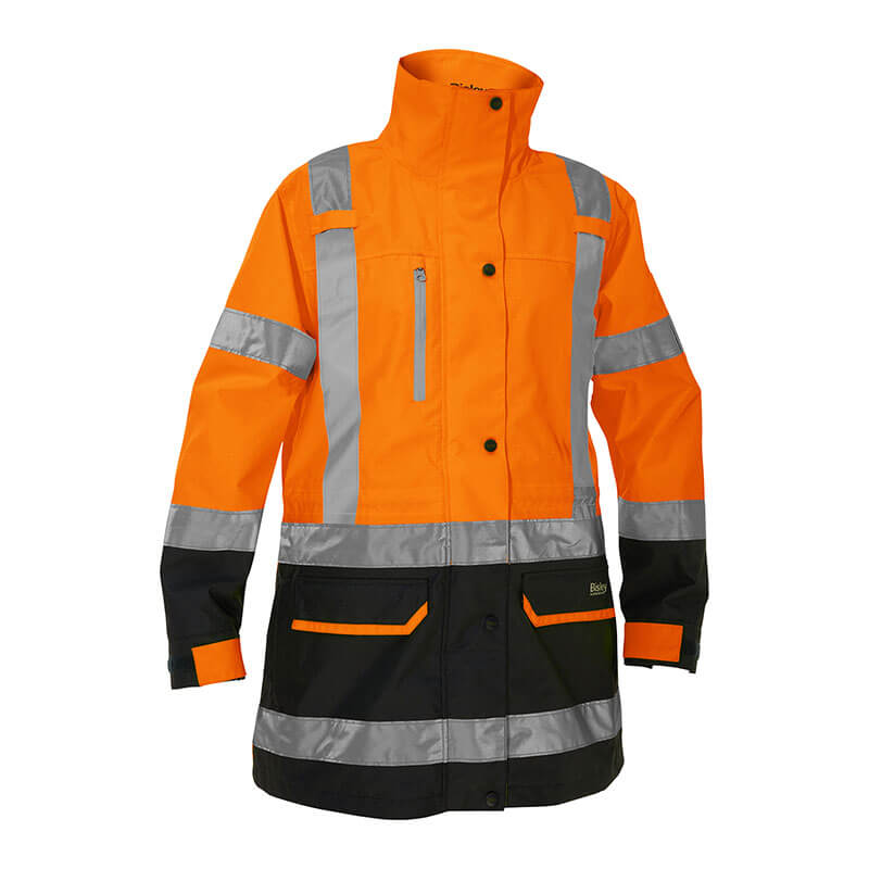 The PIP Bisley Women's 5-in-1 Jacket w/Navy Bottom, offered by PIP - Protective Industrial Products, comes in a hi-vis orange color with reflective silver stripes to ensure ANSI Type R Class 3 compliance. It features a high collar, front zipper, snap buttons, a chest pocket, and two lower pockets for enhanced safety and visibility.