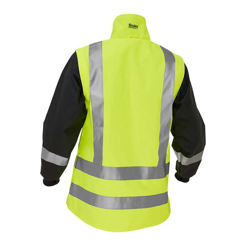 Rear view of the PIP Bisley Women's 5-in-1 Jacket with a navy bottom, showcasing a design tailored for women with black sleeves and a vibrant yellow body. This ANSI Type R Class 3 jacket is equipped with reflective silver strips to ensure exceptional visibility and safety.