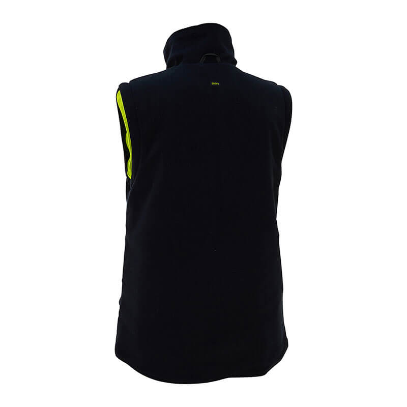 Displayed on a plain white background, the PIP Bisley Women's 5-in-1 Jacket w/Navy Bottom showcases a sleeveless black design with neon yellow accents on the sides, similar to a high visibility jacket. This piece features a high collar, making it ideal for outdoor or athletic activities.