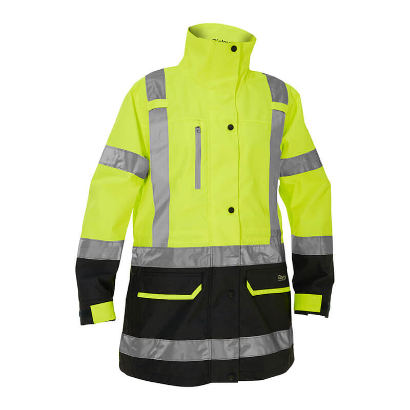 The PIP Bisley Women's 5-in-1 Jacket w/Navy Bottom, by Protective Industrial Products, is designed in hi-vis yellow for maximum visibility and features reflective strips on the sleeves, chest, and lower body to meet ANSI Type R Class 3 standards. It includes a high collar, front zipper with buttons, and multiple pockets such as a handy zippered chest pocket.