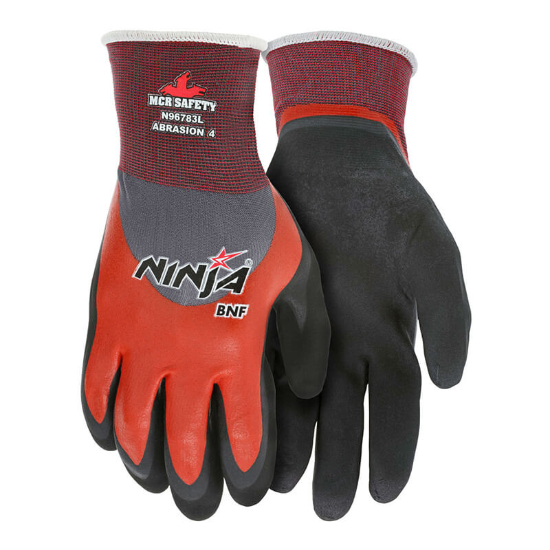 The MCR Safety Memphis Ninja BNF N96783 gloves, available in a pack of 12 pairs, feature a design with black palms and fingers, red backs, and white cuffs. They are crafted using Breathable Nitrile Foam for superior grip performance and added comfort.