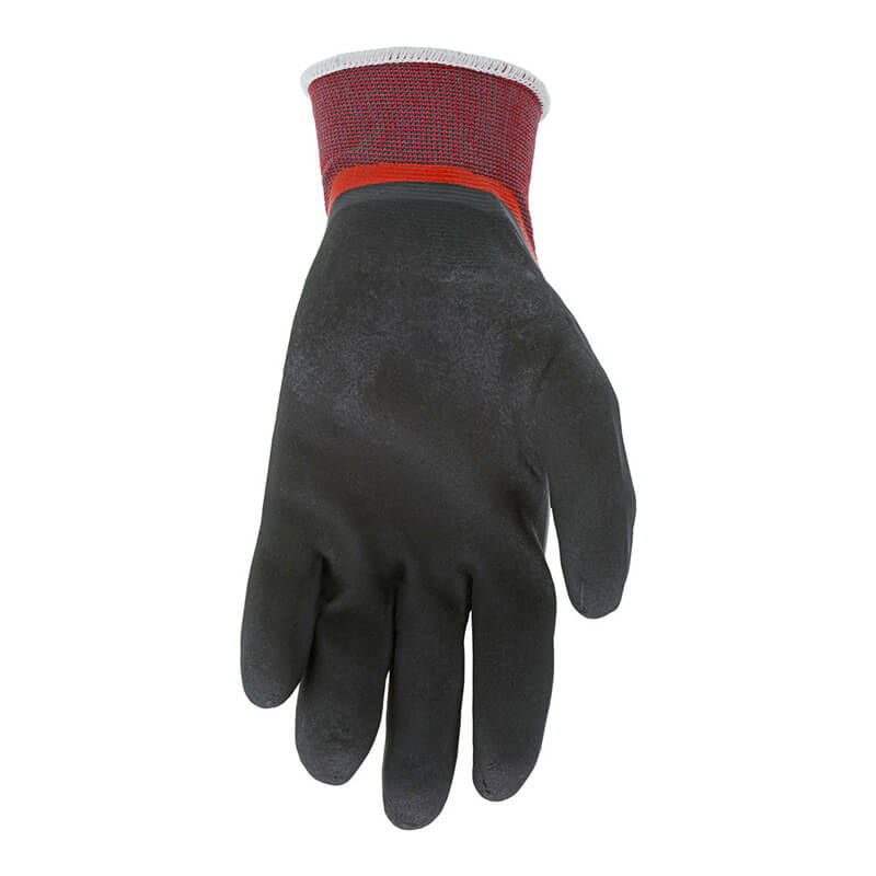 A single MCR Safety Memphis Ninja BNF N96783 black glove with a textured surface and red cuff is shown palm up on a white background, highlighting its breathable nitrile foam and abrasion resistance.