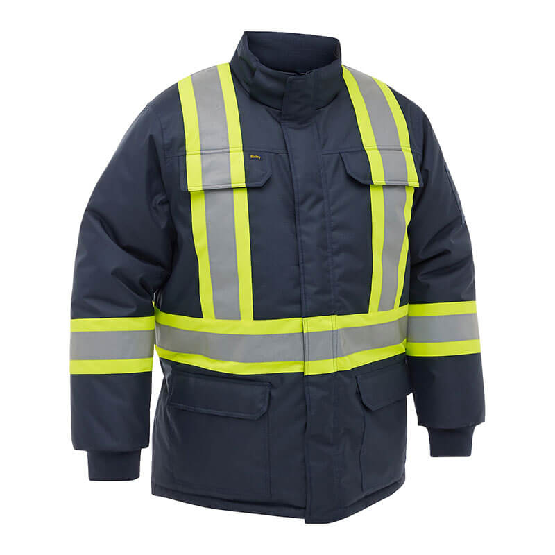 The PIP Bisley Navy Extreme Cold Jacket 341M6460H by PIP features bright yellow and silver reflective stripes, two front pockets, a high collar, and offers ANSI-compliant protection for high-visibility safety in extreme cold.