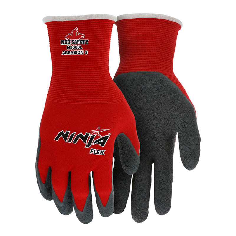 MCR Safety Memphis Ninja Flex Glove N9680 (12 pairs) features red and black design, "MCR Safety N968L Abrasion 8" on the back, and textured black palms for superior gripβideal professional-grade protection for tough industrial work.