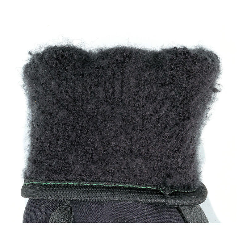 Close-up of the MCR Safety Ninja Ice Glove N9690’s black, fuzzy cuff with thick, woolly material for warmth and comfort. The glove edge contrasts against a white background—perfect cold weather protection from MCR Safety.