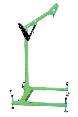 The 3M Fall Protection DBI-SALA Advanced 5 Piece Hoist System 8518000 is a green adjustable metal frame with a square base and angled arm, designed for manhole entry or confined space retrieval, featuring multiple bolts for secure positioning.