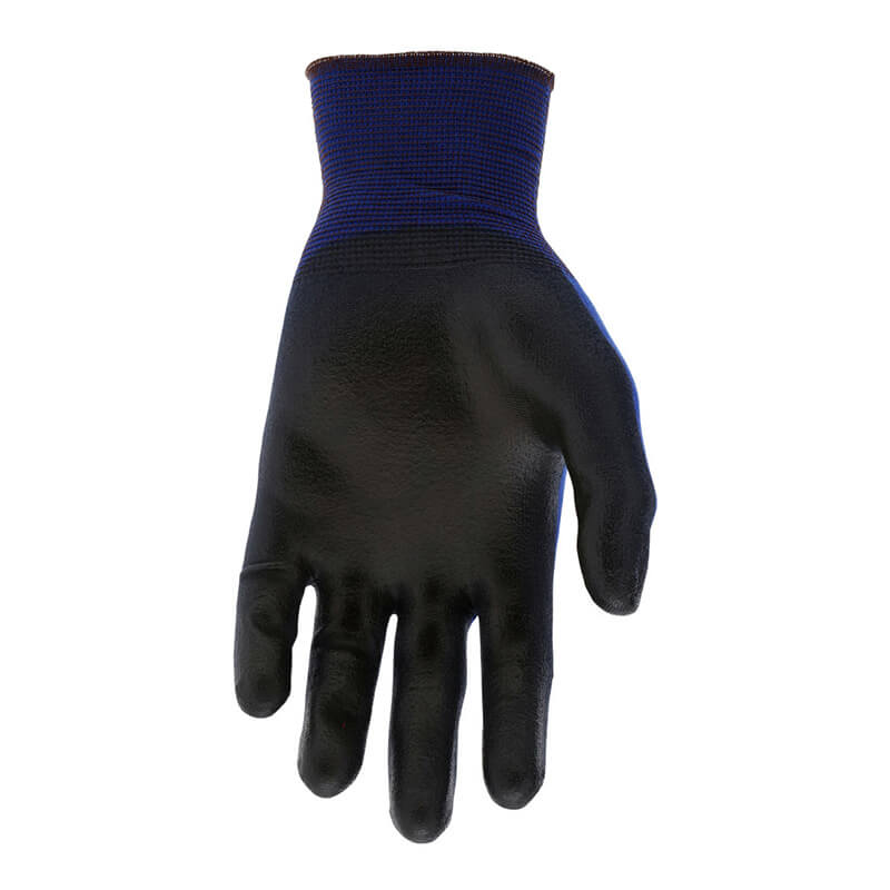 The MCR Safety Ninja Lite Work Gloves N9696 (12 pairs) in black and blue are displayed palm-forward with slightly curved fingers, highlighting their lightweight polyurethane-coated design against a white background.