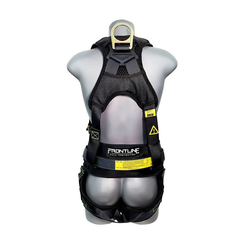 A Frontline Fall Protection Patriot Harness w/Airflo & Quick Connect 350CQC in black with yellow accents is shown on a grey mannequin torso, back view, featuring a metal D-ring, quick connect buckles, breathable padding, and safety labels.