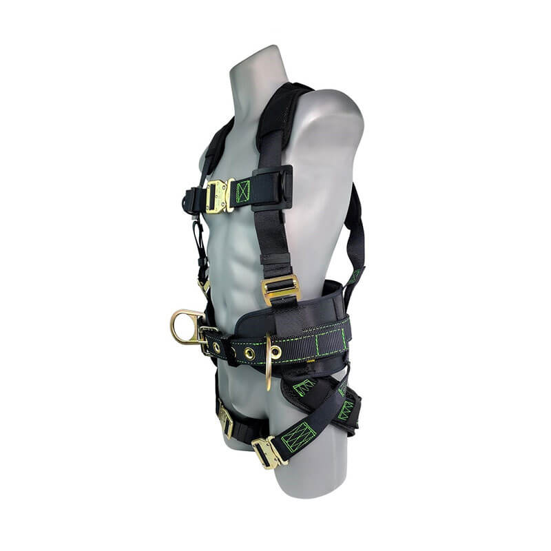 A gray mannequin torso displays a Frontline Fall Protection Patriot Harness w/Airflo & Quick Connect 350CQC, featuring breathable padding, quick connect buckles, green stitching, and side D-rings for fall protection or climbing.