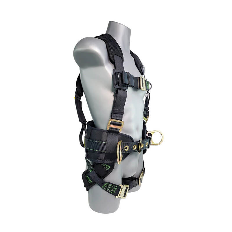 The Frontline Patriot Harness w/Airflo & Quick Connect 350CQC by Frontline Fall Protection is a black harness with gold/silver fittings, green stitching, breathable padding, and quick connect buckles. Shown on a gray mannequin torso.