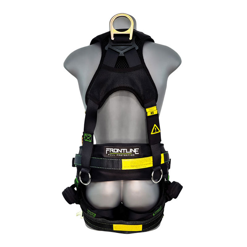 A mannequin torso displays the Frontline Patriot Harness w/SeatSling by Frontline Fall Protection, featuring black and yellow straps, Airflo padding, quick connect buckles, labels, and a metal D-ring at the upper back. Viewed from the back.