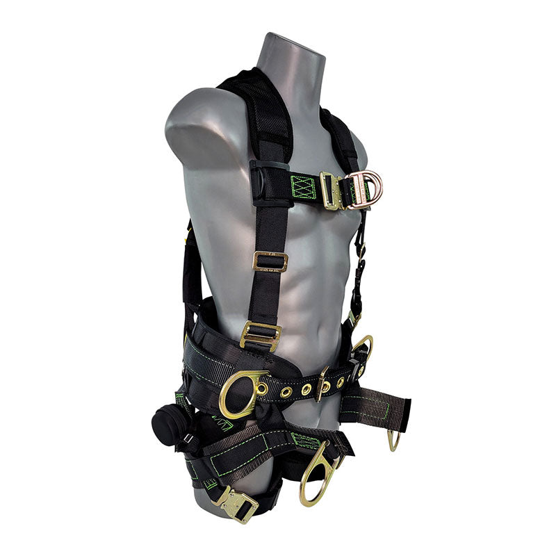 A gray mannequin torso wears the Frontline Fall Protection Patriot Harness w/SeatSling, Airflo padding on shoulder straps, quick connect buckles, yellow metal rings, and adjustable chest, waist, and thigh belts.