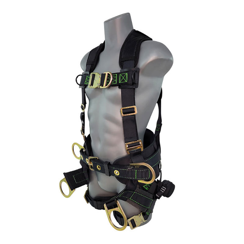 The Frontline Fall Protection Patriot Harness w/SeatSling, Airflo, and quick-connect buckles in black and green is displayed on a gray mannequin, featuring multiple attachment points, adjustable straps, and enhanced fall protection comfort.