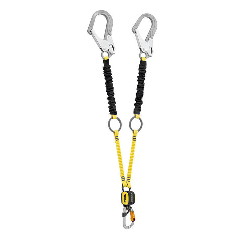The Petzl Absorbica-Y Tie Back MGO Double Lanyard L015BB00 by Petzl is equipped with energy absorber technology and features two carabiners at each end. It includes yellow and black shock-absorbing webbing along with an additional carabiner for secure attachment.