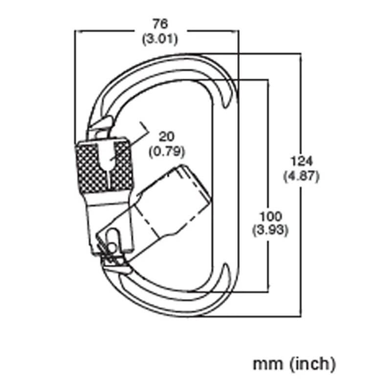 Black and white technical drawing of the French Creek Production Aluminum Twist-Lock Carabiner 354-2A, made from high strength aluminum for fall protection, with labeled dimensions: 76mm wide, 124mm long, 20mm gate opening, and 100mm internal length.