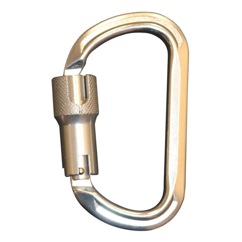 The French Creek Production Aluminum Twist-Lock Carabiner 354-2A features high-strength aluminum, an automatic locking sleeve with textured grip, and a smooth oval shape—ideal for fall protection applications.