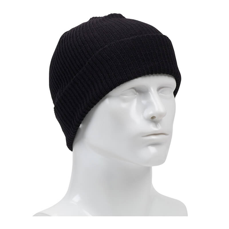 The PIP FR Knit Watch Cap 360-1500FR-BK by PIP is showcased on a mannequin head, highlighting its function as protective headwear against a plain white background.