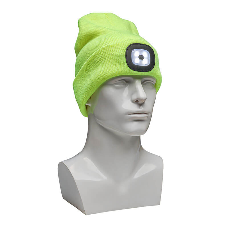 A PIP Winter Beanie Cap with LED Light 360-LED in a vibrant hi-vis yellow is displayed on a white mannequin head. Offered by Protective Industrial Products, this stylish winter accessory is ideal for cold weather protection, featuring an integrated LED light on its front surrounded by a square black border.