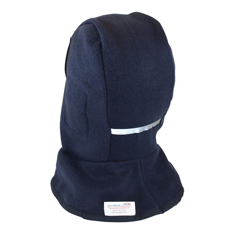 The PIP 1-Layer Fleece Liner with Shell 364-SL1FB is a dark navy winter hood by PIP with a reflective strip and label, designed to cover the head, neck, and shoulders for safety or fire protection in winter workwear.