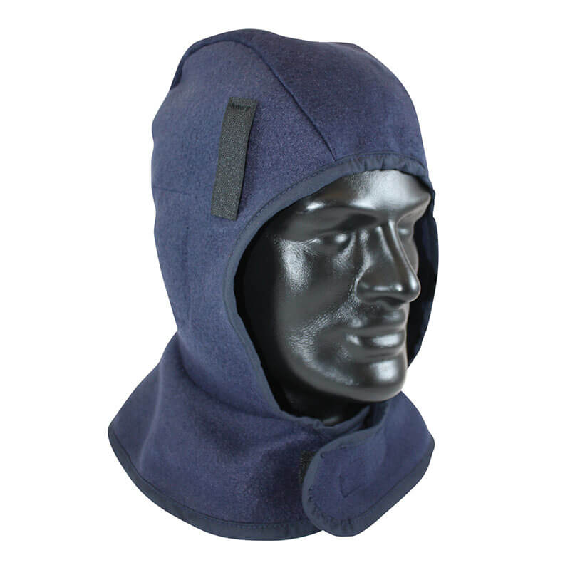 A black mannequin head displays the PIP 1-Layer Fleece Liner with Shell 364-SL1FB by PIP, in a dark blue color. This winter liner includes a front closure and side velcro patch and is crafted from soft fleece fabric that extends to shoulder length. It provides additional warmth by covering the neck area, making it perfect for work in cold weather conditions.