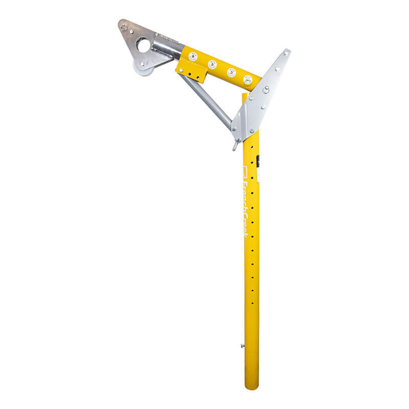 The French Creek Production Portable Davit System Mast Assembly PD1 is a yellow and silver metal tool with an adjustable arm and multiple bolts, designed for support or anchoring in confined space rescue and descent systems.