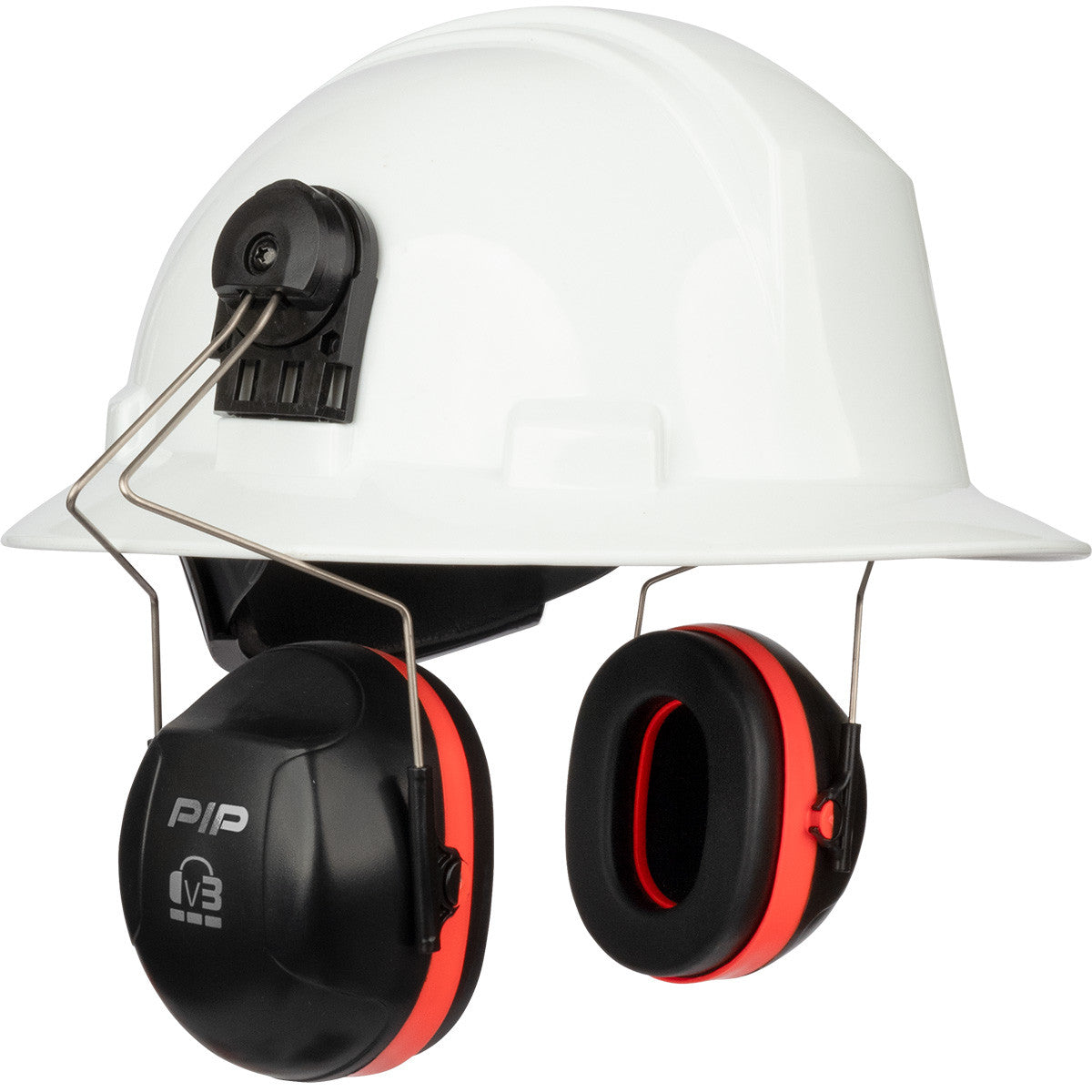 The PIP V3 Full Brim Mounted Ear Muff 263-V3FB is a white construction hard hat equipped with black and red earmuffs that feature memory foam ear cushions for superior noise protection. With an outstanding NRR 27 rating, the earmuffs are mounted on the sides of the helmet to ensure safety in industrial environments.