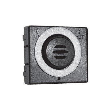 A square, dark gray button featuring a circular design that brings to mind the aesthetics of the Honeywell Analytics E3Point Hydrogen (H2) Sensor Cartridge by PK Safety Supply. The button is adorned with symbols suggesting arrows and horizontal lines, surrounded by a ring of lighter gray encircling the center circle.