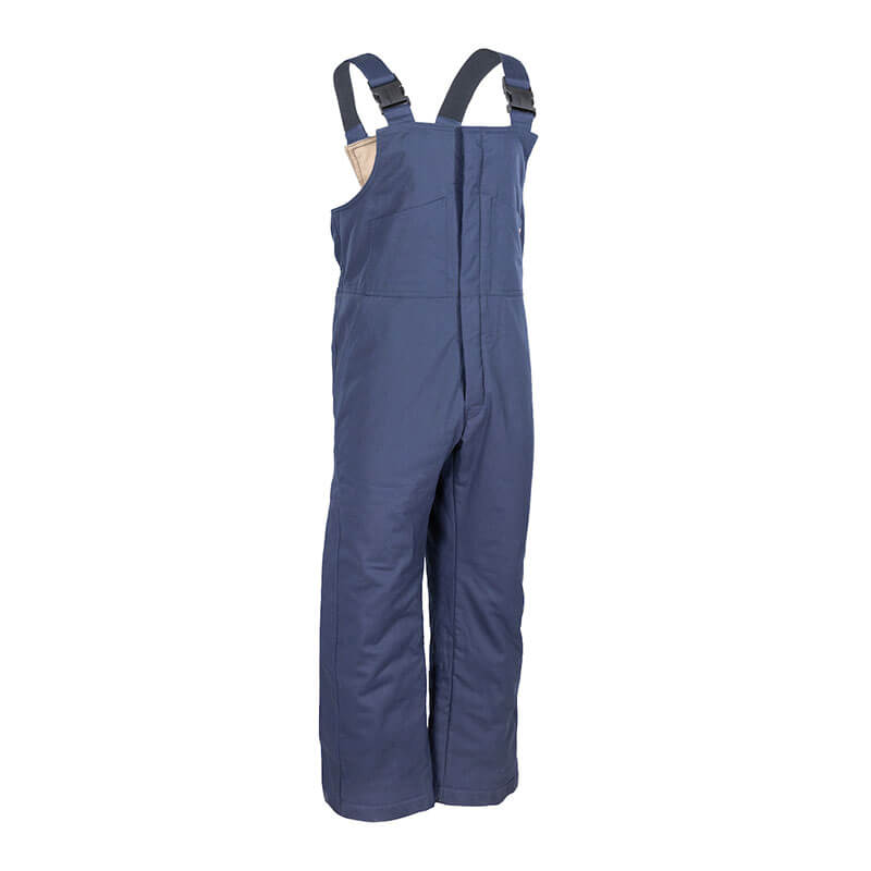 The PIP AR/FR Dual Certified Insulated Bib Overall 385-FRBO is showcased on a white background. These blue overalls have adjustable shoulder straps, a front zipper, and are flame-resistant, making them perfect for industrial or outdoor work.