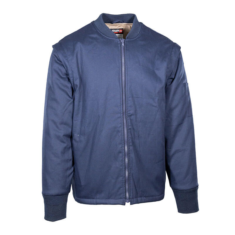 The PIP 4-in-1 AR/FR Ripstop Jacket With Zip-Out Liner 385-FRFC by PIP is a blue bomber jacket featuring a front zipper, long sleeves, ribbed cuffs and collar, and flame resistance. It includes a pocket on the left sleeve and two side pockets, made from smooth matte fabric.