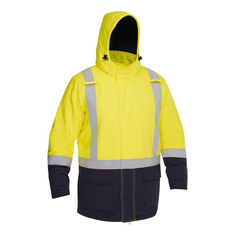 The PIP Bisley AR/FR Inherent Insulated Parka 385M8387H is a high-visibility yellow jacket with reflective silver stripes, hood, black lower sleeves and pockets, for low-light safety and ANSI 107 Type R Class 3 compliance.