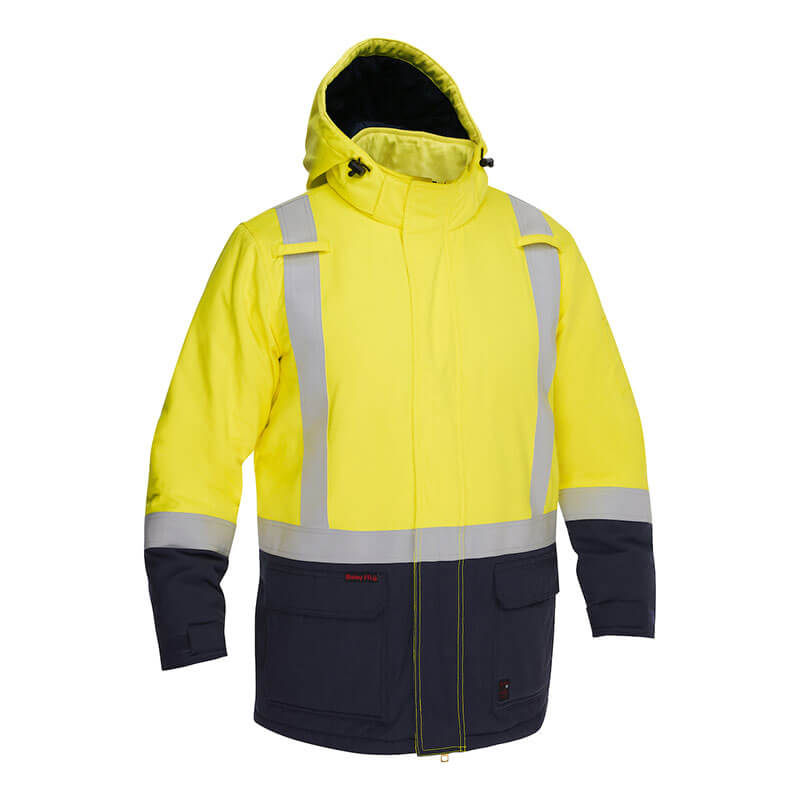 The PIP Bisley AR/FR Inherent Insulated Parka 385M8387H by PIP is a high-visibility yellow and dark gray FR parka with reflective stripes, hood, and front pockets. Meets ANSI 107 Type R Class 3 for maximum safety in outdoor work environments.