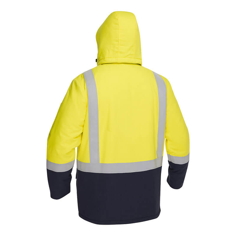 The PIP Bisley AR/FR Inherent Insulated Parka 385M8387H features a hi-vis yellow top, reflective silver stripes, and a dark blue or black lower section with hood. It meets ANSI 107 Type R Class 3 visibility standards. Brand: PIP.