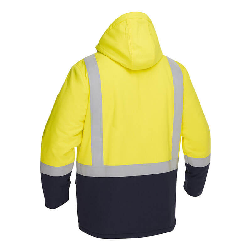 The PIP Bisley AR/FR Inherent Insulated Parka 385M8387H by PIP features a yellow upper, black lower, silver reflective stripes, hood, and long sleeves. It meets ANSI 107 Type R Class 3 standards for high visibility and FR protection.