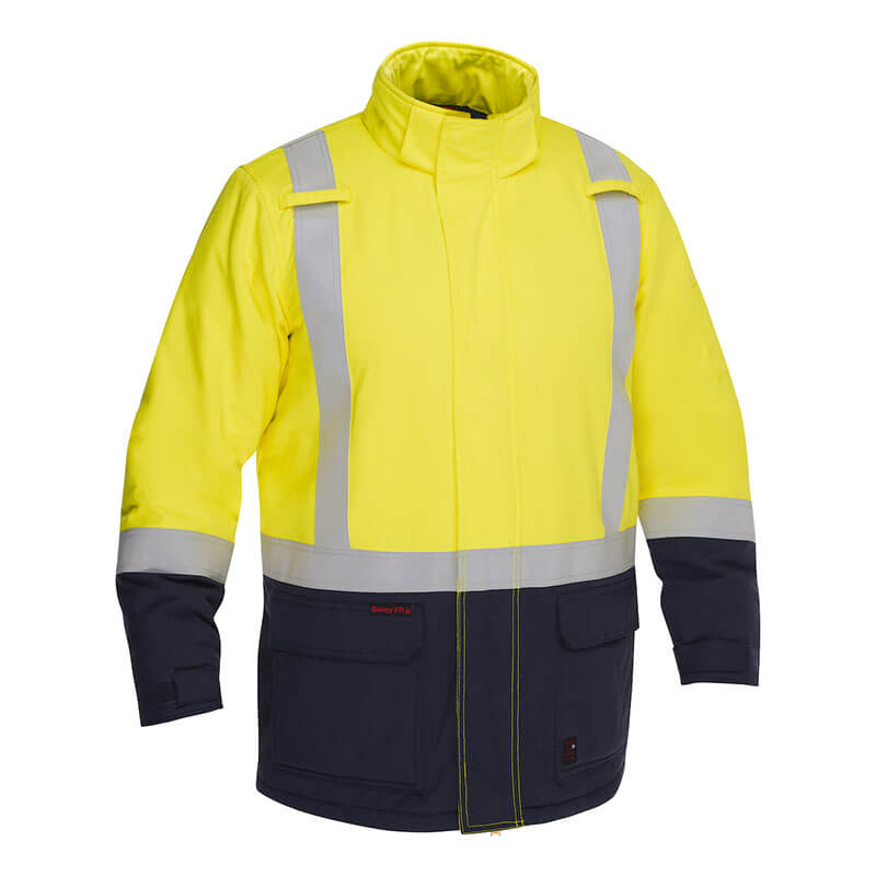 The PIP Bisley AR/FR Inherent Insulated Parka 385M8387H features a bright yellow upper, reflective silver stripes, and black lower sleeves/pockets, meeting ANSI 107 Type R Class 3 standards for superior visibility and safety.