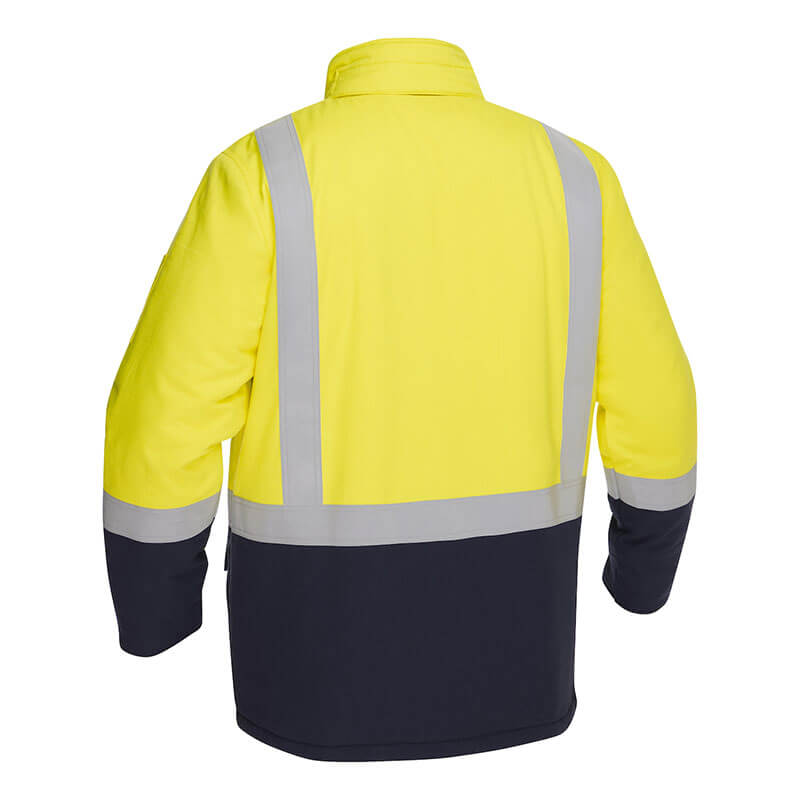 The PIP Bisley AR/FR Inherent Insulated Parka 385M8387H features a bright yellow upper, reflective silver strips, and a dark lower back. This PIP parka meets ANSI 107 Type R Class 3 and NFPA 2112-2023 safety standards for enhanced protection.
