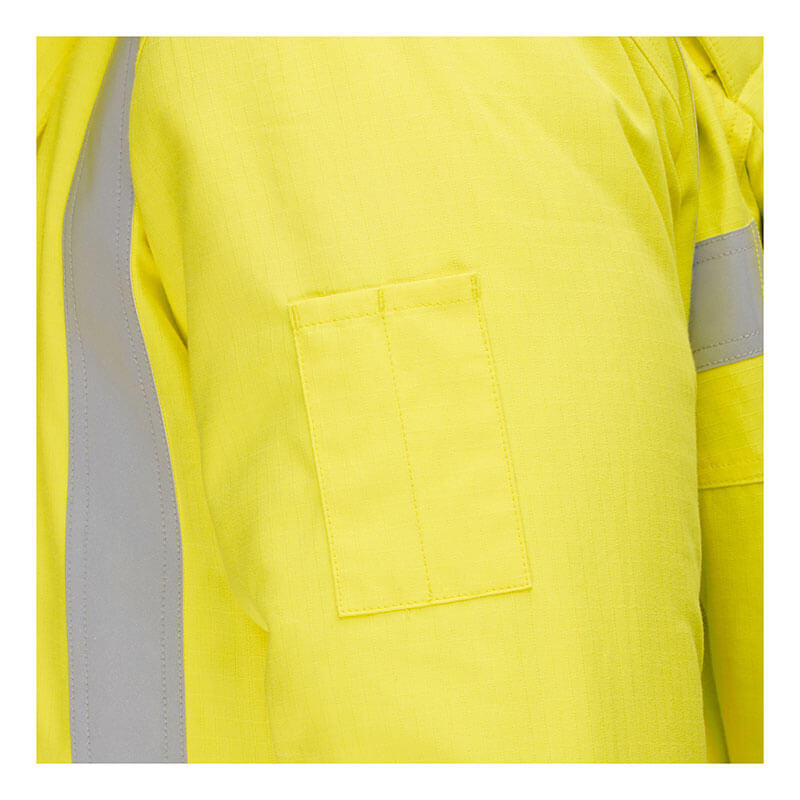 Close-up of the PIP Bisley AR/FR Inherent Insulated Parka 385M8387H sleeve, made to ANSI 107 Type R Class 3 standards, with a small rectangular pocket and a gray reflective strip along the seam.